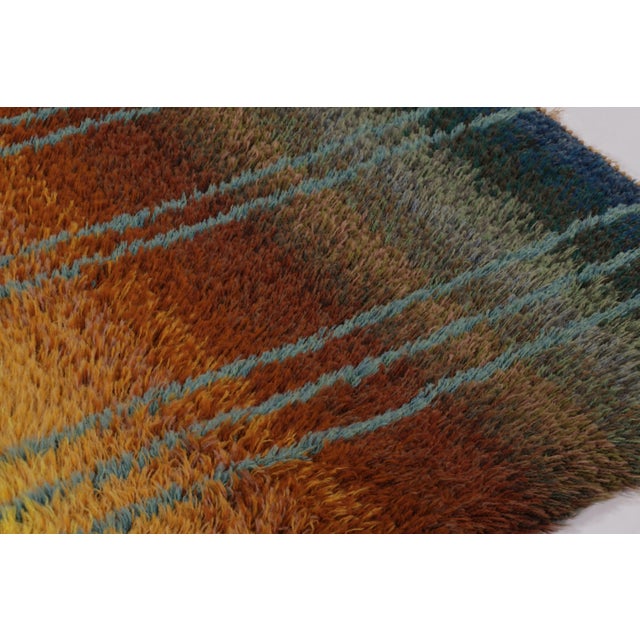 Mid-Century Modern Vintage Swedish Rya Rug With Golden Ombre and Blue Linear Geometry - Rug & Kilim For Sale - Image 3 of 9