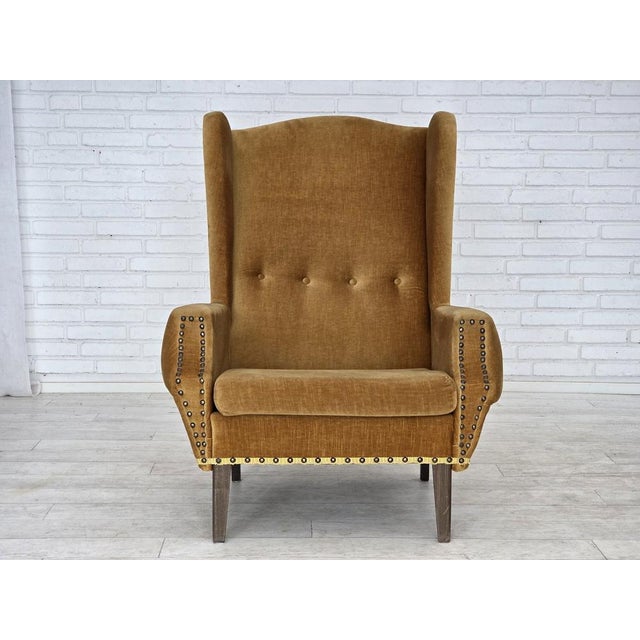 Danish High Back Armchair in Furniture Velour and Oak Wood Legs, 1970s For Sale - Image 16 of 16