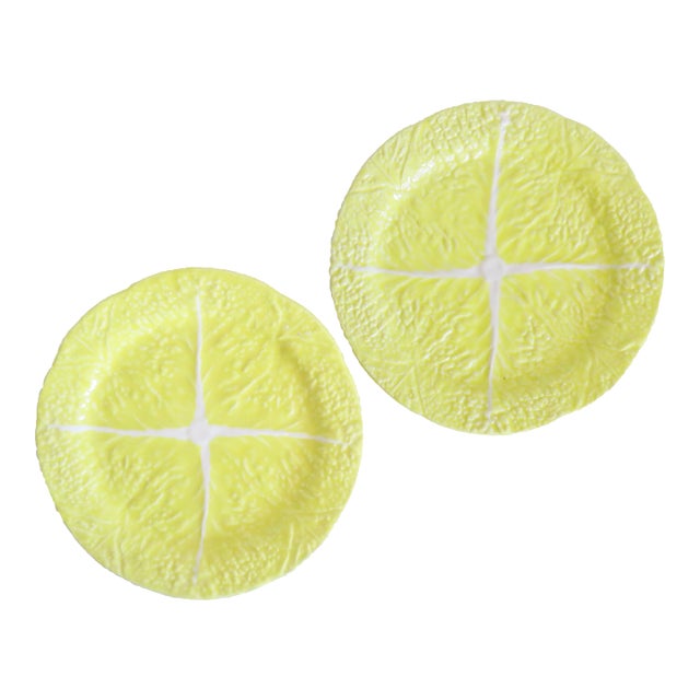 Secla Portuguese Yellow Cabbage Ware Majolica Plates, Pair For Sale