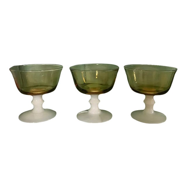 1960s Amber Glass Champagne Coupe With Milk Glass Stems- Set of 3 For Sale