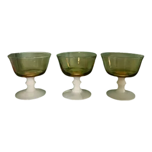 1960s Amber Glass Champagne Coupe With Milk Glass Stems- Set of 3
