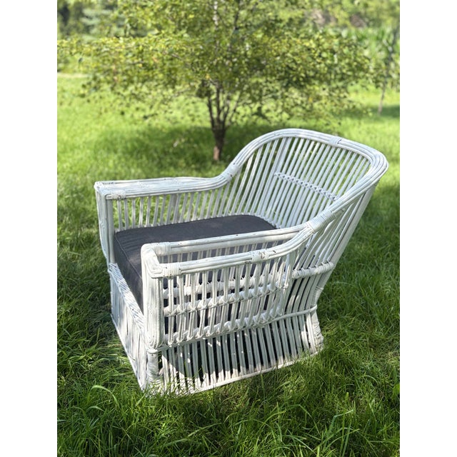 Wood Vintage White Rattan Lounge Chair in the Style of Palecek President’s Chair For Sale - Image 7 of 7