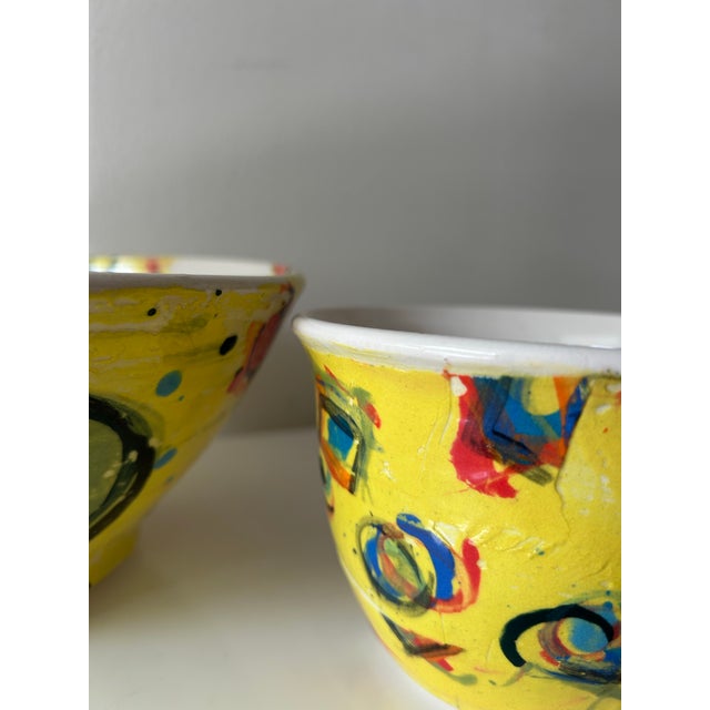 Yellow Pair of Colorful, Abstract Ceramic Bowls Signed Lori Dresner For Sale - Image 8 of 11