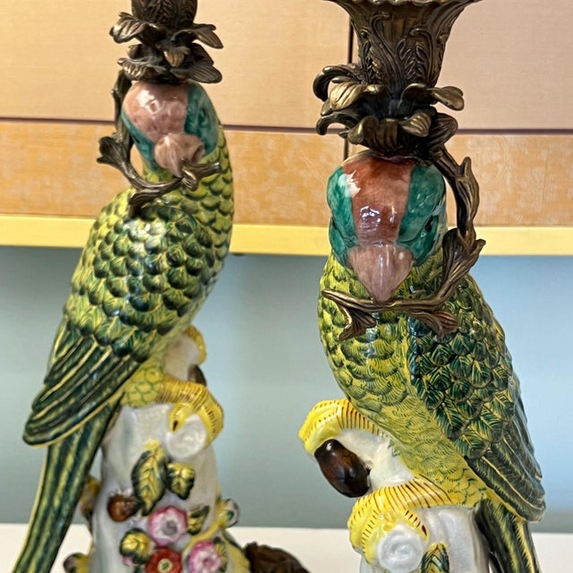 Vintage pair of bird figurine candle holders with bronze mounts // hand painted figurines // ceramic birds // elegant vintage decor For Sale In Kansas City - Image 6 of 10