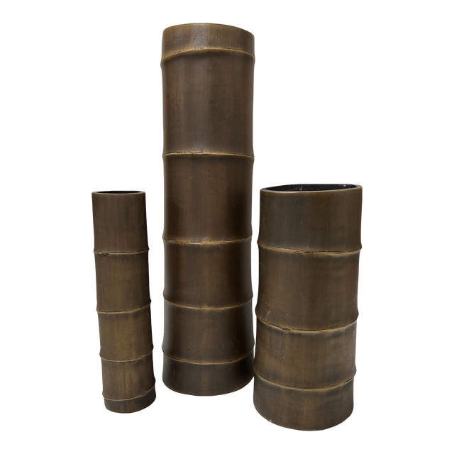 Heavy Brass Bamboo Vases - Set of 3 For Sale