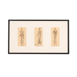 Art Deco Fashion Drawings I, Gouache on Paper, Framed For Sale