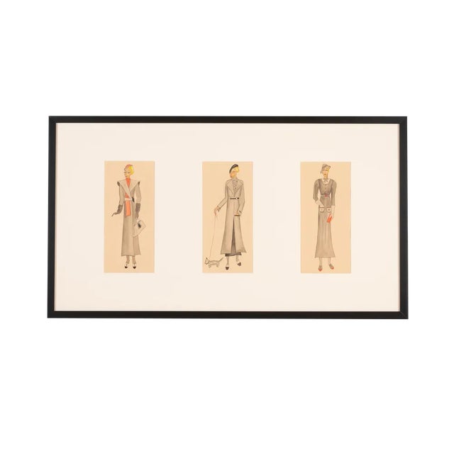 Art Deco Fashion Drawings I, Gouache on Paper, Framed For Sale