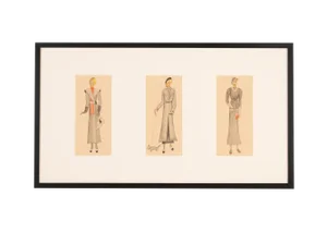 Art Deco Fashion Drawings I, Gouache on Paper, Framed