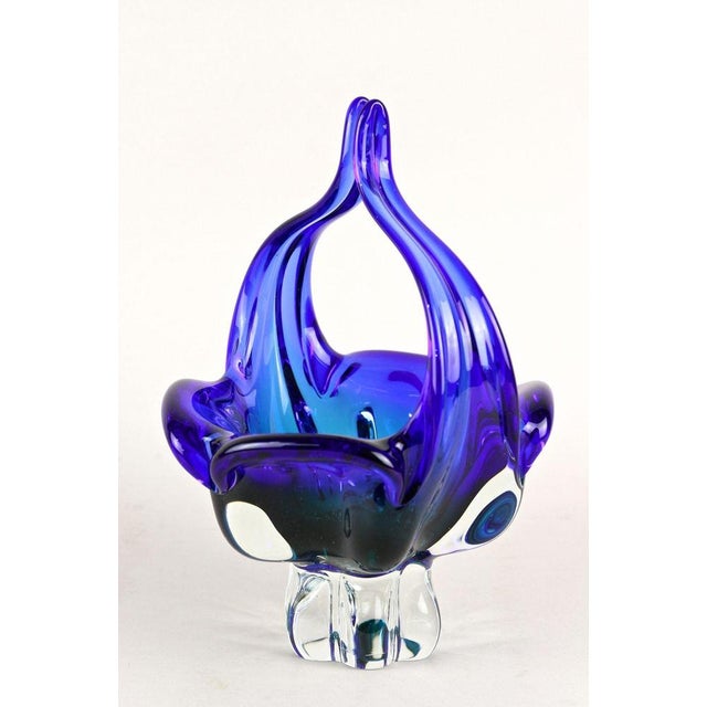 Glass Mid-Century Blue Murano Glass Basket with Curved Handles, Italy, 1960 For Sale - Image 7 of 18