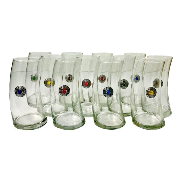 1980s Vintage Memphis Postmodern Bent Glass Sterling Medallion Tall Boy Tumblers - Set of 12 For Sale