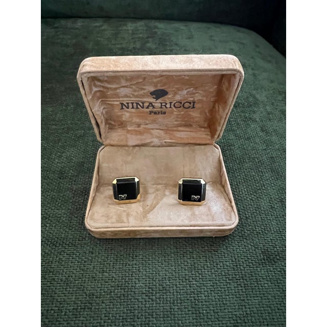 Rare Vintage Nina Ricci Gold & Black Cufflinks Logo Circa "1980" Original Case For Sale - Image 13 of 18