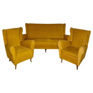 Midcentury Modern Italian Living Room Set in Velvet from Isa Bergamo, 1950, Set of 3 For Sale