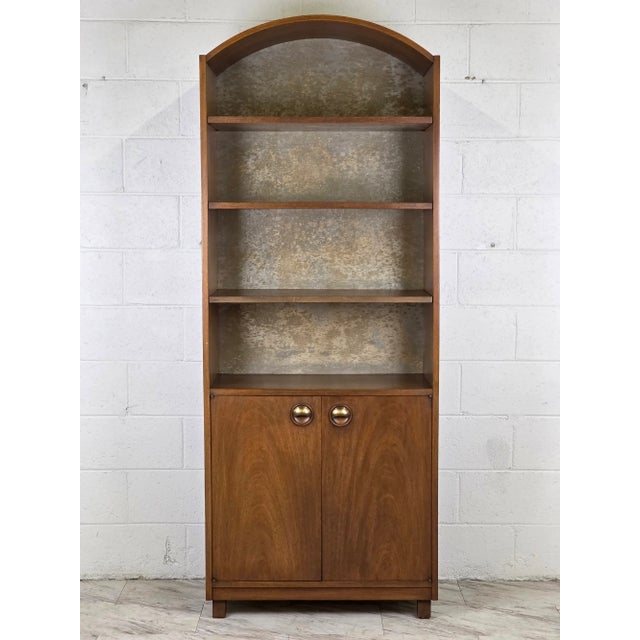 Walnut Mid Century Arch Top Bookshelf Or Display Case. Featuring Adjustable Shelving, 2 Tone Metal Accent Back Panel & A...