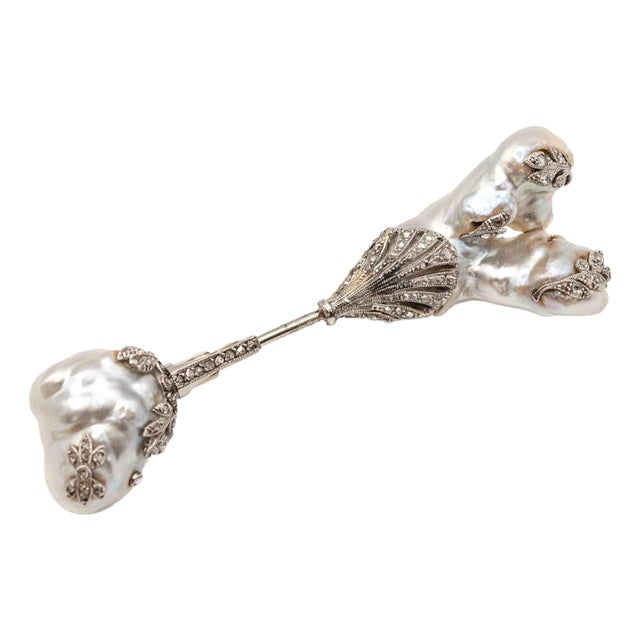 1930s Platinum GIa Certified Natural Pearl Diamond Jabot Pin For Sale