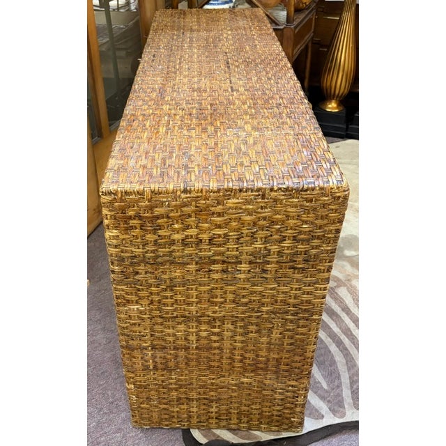 Vintage Waterfall Console Table in a Woven Wicker, Raffia Basketweave Design For Sale - Image 4 of 7