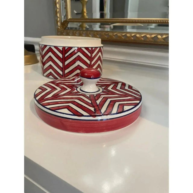 Modern Decorative Red & Navy Chevron Bowl & Lid For Sale In Chicago - Image 6 of 9