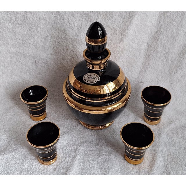 Art Deco Liqueur Set in Black Glass with Gold Painting by Boom, 1930s, Set of 5, in Very Good conditions. Designed 1920 to...