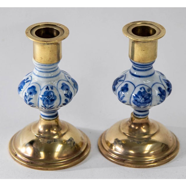 Vintage Delft Floral Blue and White Ceramic and Brass Candlesticks, a Pair 1950s For Sale - Image 9 of 9