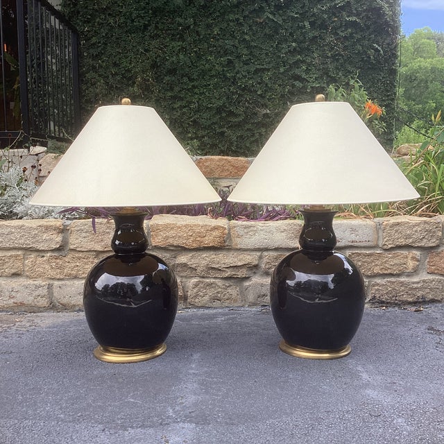 Pair of Ralph Lauren Gloss Black "Malin Ming" Lamps With Cream Coolie Shades and Brass Bases For Sale - Image 9 of 11