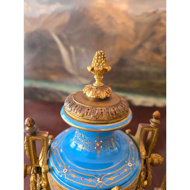 Antique Sevres Style Jeweled Clock Set Ormolu Bronze For Sale - Image 10 of 18