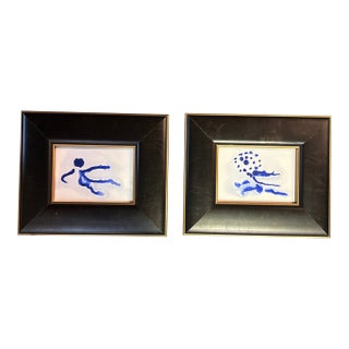 Two Contemporary Original Abstract Dancing Figures Blue Ink Watercolor Paintings - Set of Two For Sale
