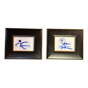 Two Contemporary Original Abstract Dancing Figures Blue Ink Watercolor Paintings - Set of Two
