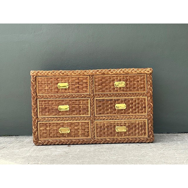 Tan Vintage Braided Rattan Six Drawer Campaign Dresser For Sale - Image 8 of 15