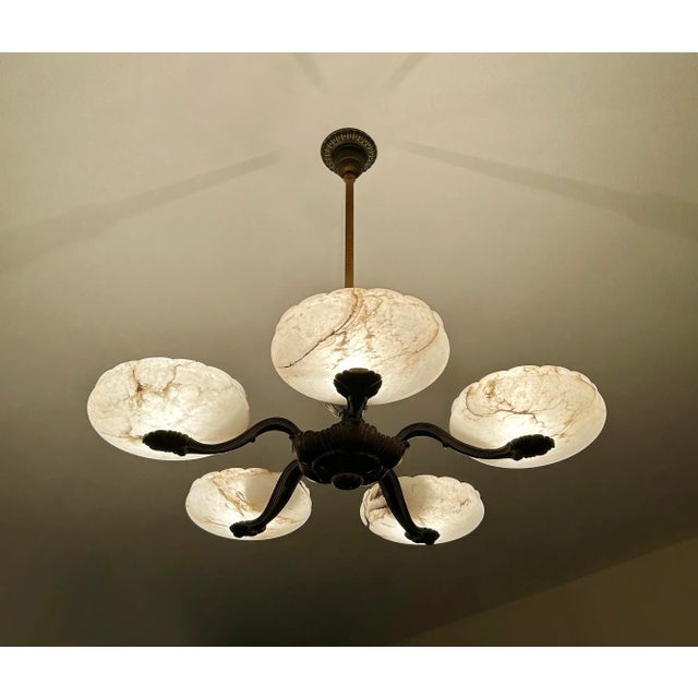 Large Art Deco pendant light featuring a bronze and burnished brass structure and alabaster marble shades , threaded rod...