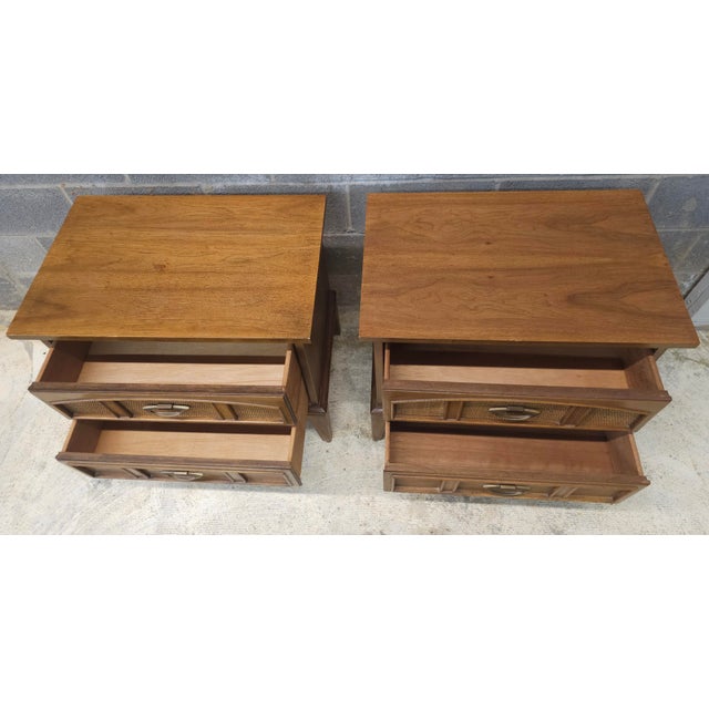 Dixie Pair Dxie Furniture Italian Tuscan Style Stained Walnut & Cane Bedside Commodes For Sale - Image 4 of 11