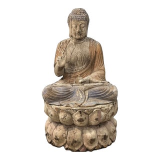 Antique Chinese Polychrome Wood Buddha on Double Lotus Base Large 42” For Sale