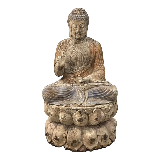 Antique Chinese Polychrome Wood Buddha on Double Lotus Base Large 42” For Sale