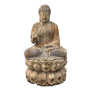 Antique Chinese Polychrome Wood Buddha on Double Lotus Base Large 42”