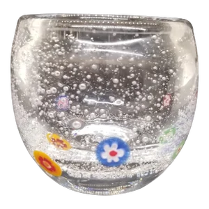 Glass Roly Poly Millefiori and Bubbles Tea Light Votive Candle Holder