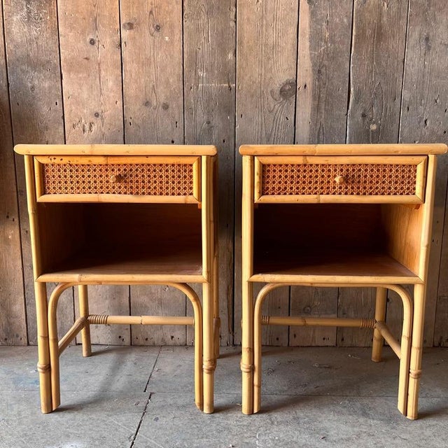 Cane Bedside Tables with Drawer and Enclosed Shelf, Set of 2 For Sale - Image 4 of 9