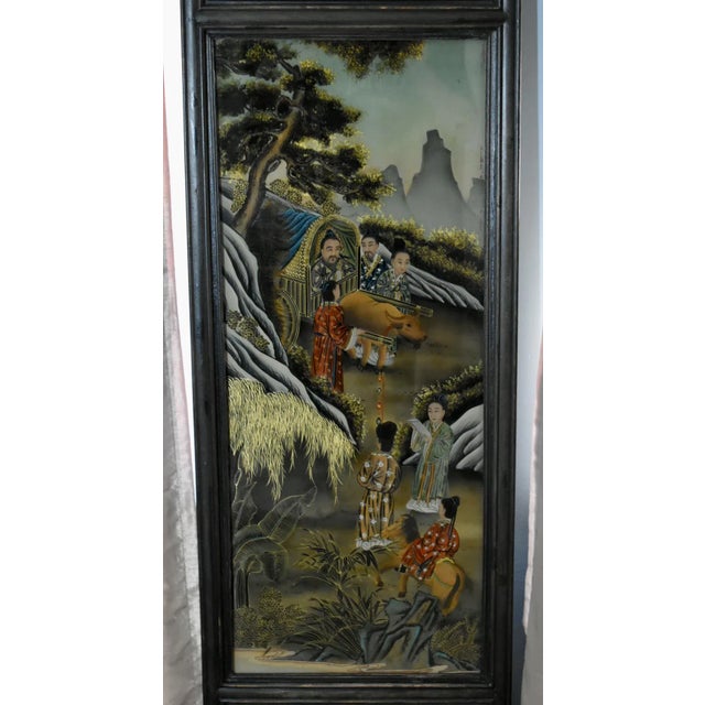 Reverse Painted Wall Plaque on Glass Antique Asian Three Section Vertical For Sale - Image 10 of 12