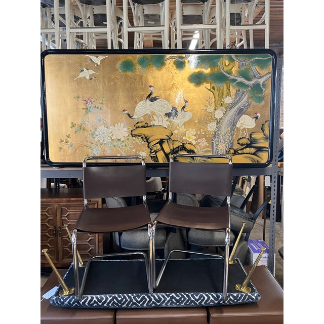 Two Spoleto Chairs and One Piece of Art (Painted Cranes With Gilding on a Wood Panel) For Sale