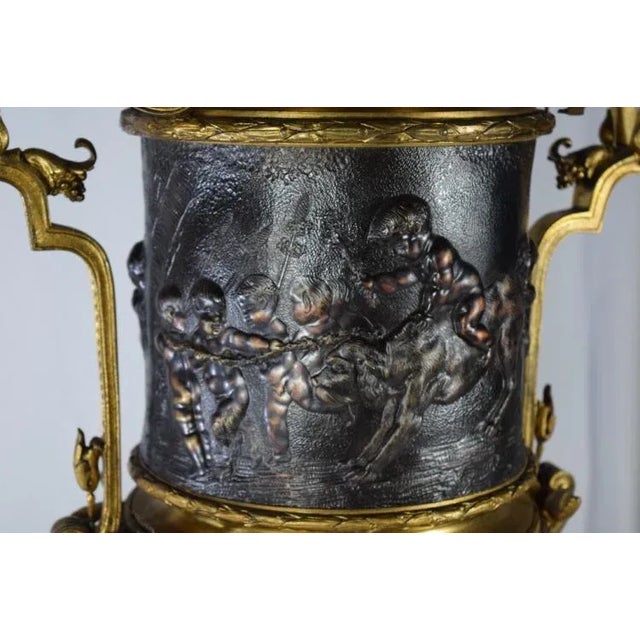 19th Century Brass Neoclassical Rams Head Cherubs Figural Urn Lamp & Shade For Sale - Image 10 of 13