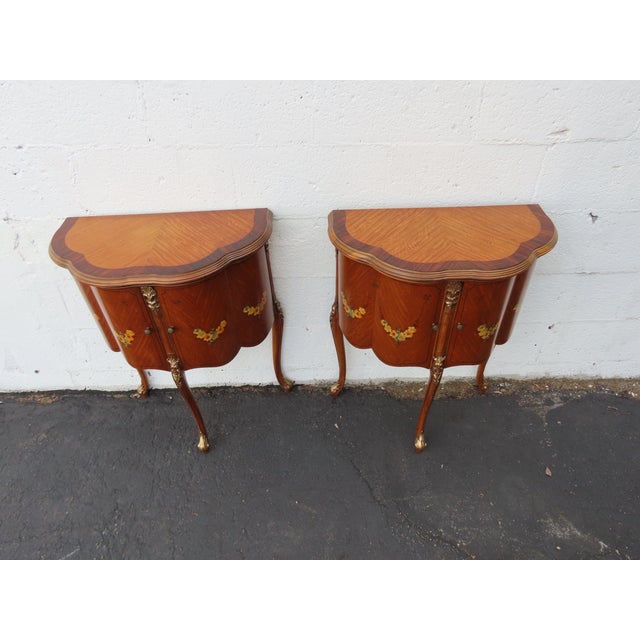 French Carved Flower Inlay Nightstands Side End Tables a Pair 6616 For Sale - Image 9 of 18