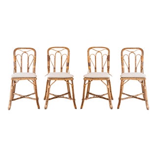 1940s French Bamboo Bistro Chairs With Custom Cushions, Set of 4 For Sale