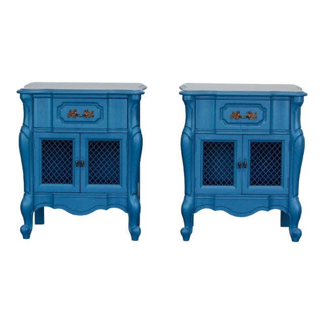 Vintage Pair of French Style Blue Nightstands For Sale