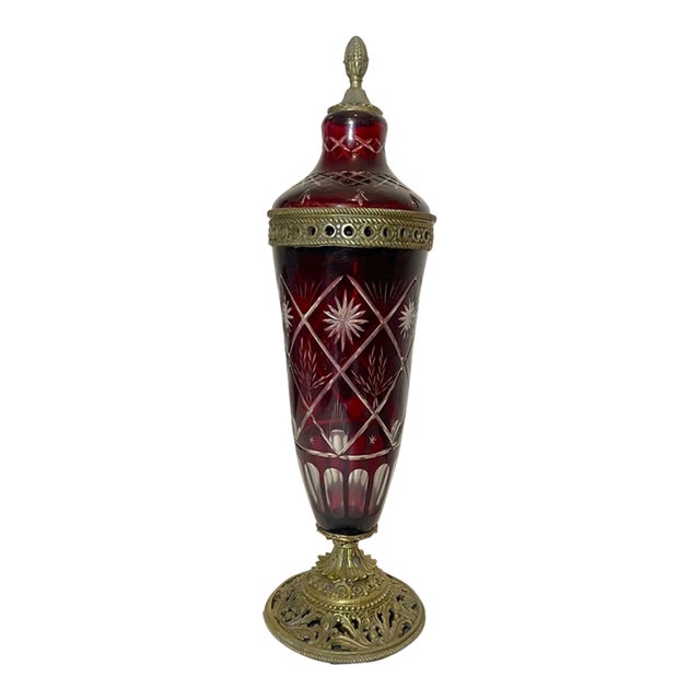 Tall Bohemian Style Red Cut to Clear Bronze Mounted Ornate Lidded Jar Vase Urn For Sale