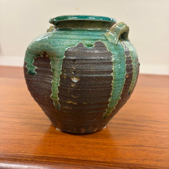 Vintage Oribe Style Studio Pottery Handled Vessel With Emerald Green Drip Glaze For Sale - Image 4 of 10