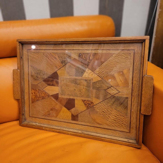 Art Deco Tray Marquetry and Glass, France, 1950s For Sale - Image 3 of 16