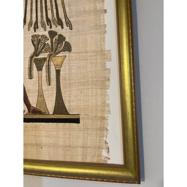 African Authentic Egyptian Papyrus – Akhenaten, Nefertiti & Child Offering to Aten, Gold Frame (1990s Cairo) For Sale - Image 3 of 7