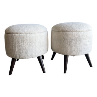 Pair of Off-White & Greige Ottomans Made From Vintage Turkish Rugs For Sale
