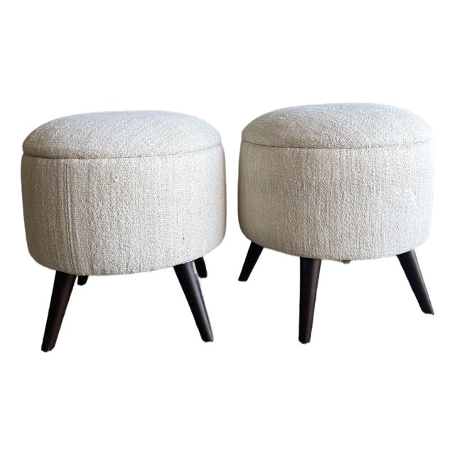 Pair of Off-White & Greige Ottomans Made From Vintage Turkish Rugs For Sale