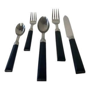 1980s Andrée Putman for Sasaki "Facette" Ebony & Stainless Steel Flatware Set- 20 Pieces