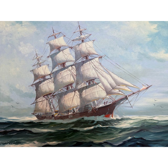 Wood Maritime Oil Painting by Humberto Fernandes (1937-2005), Sailing Ship Seascape For Sale - Image 7 of 13