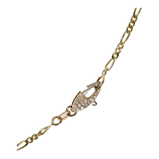 14k Figaro Chain With Custom Double-Sided Diamond Clasp For Sale
