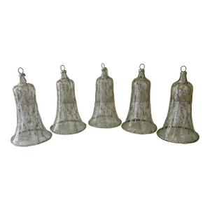 Vintage Delicate Glass Bells with Silver Glitter Ornaments- Set of 5